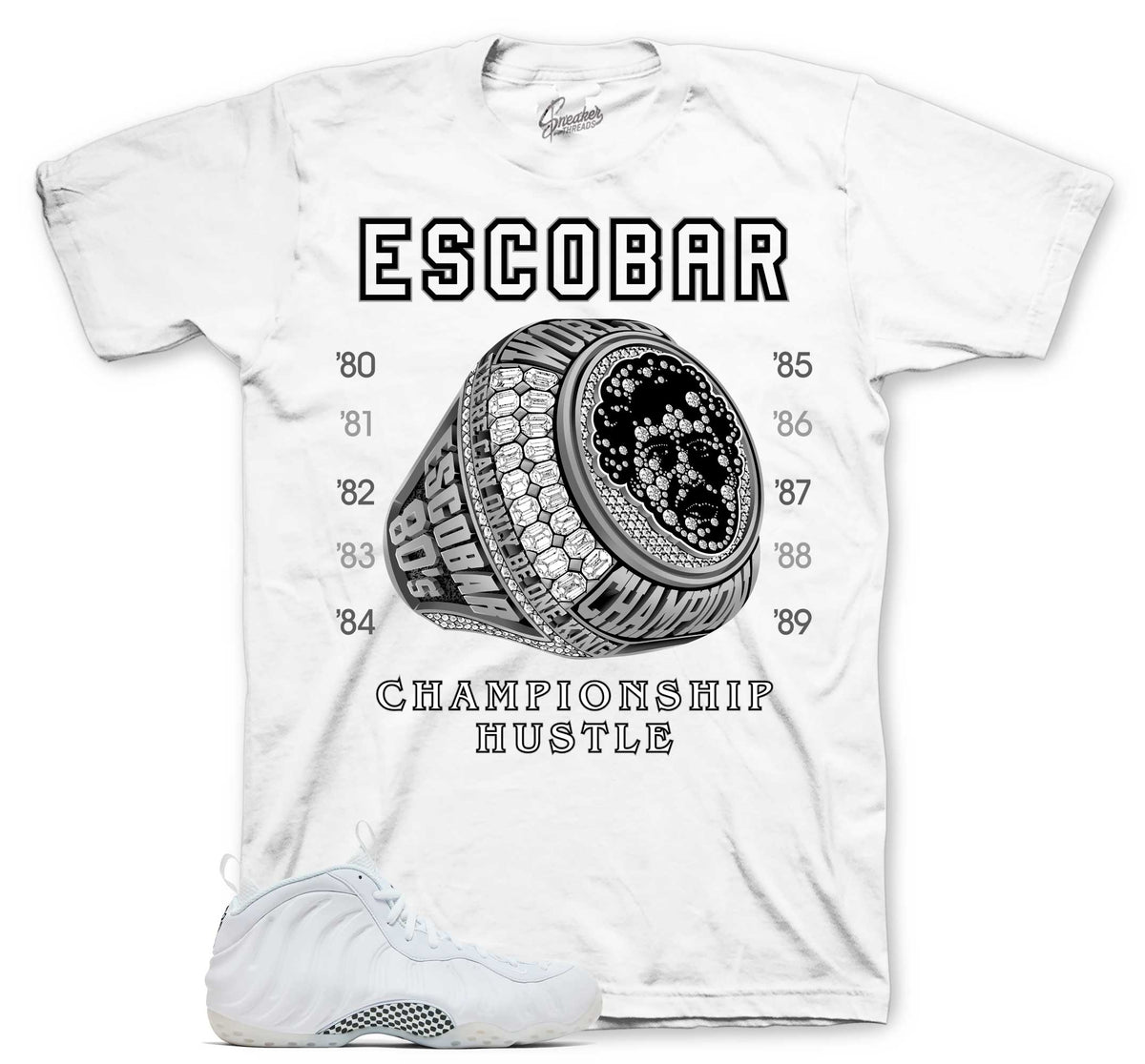 Foamposite Triple White Champ Hustle Shirt
